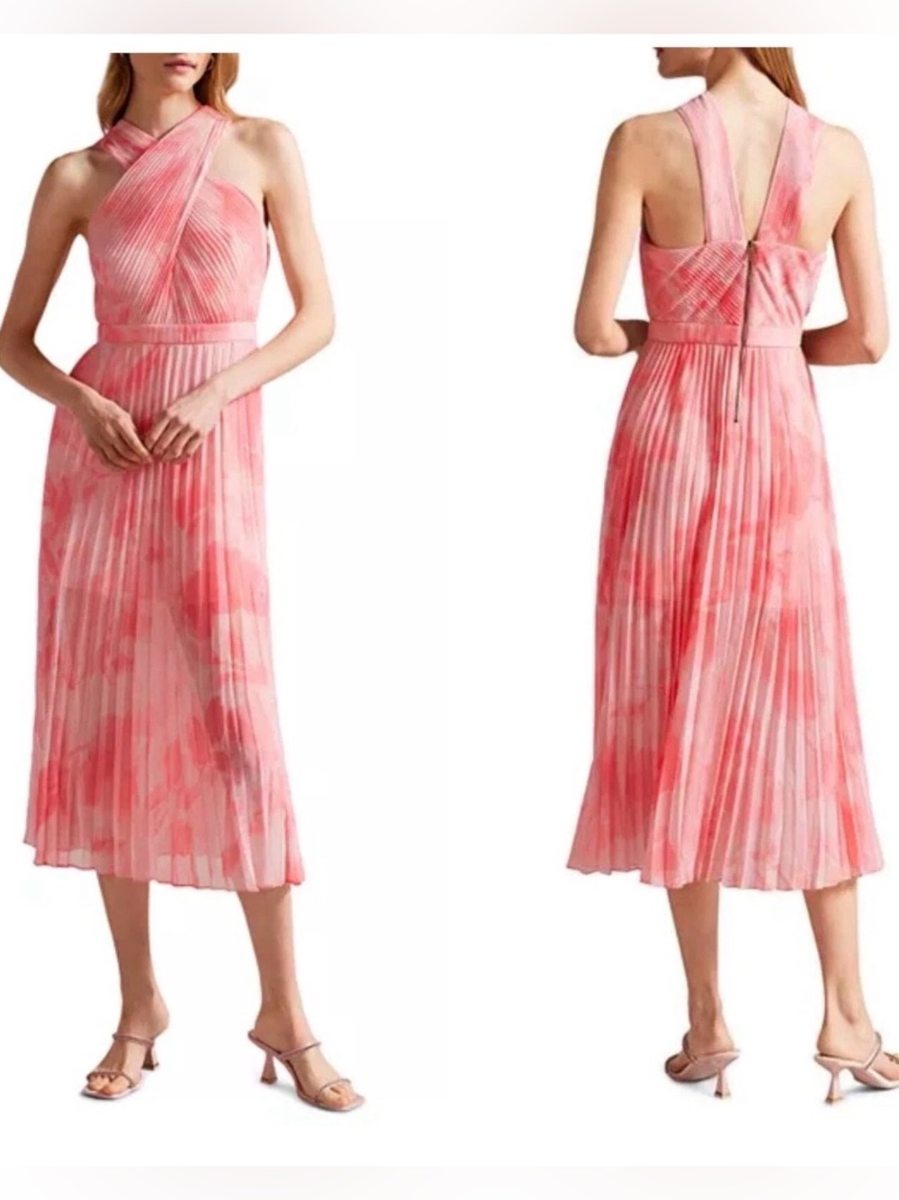 Ted Baker Mirelia Printed Cross Front Neck Sleeveless Pleated Midi Dress Sz 5